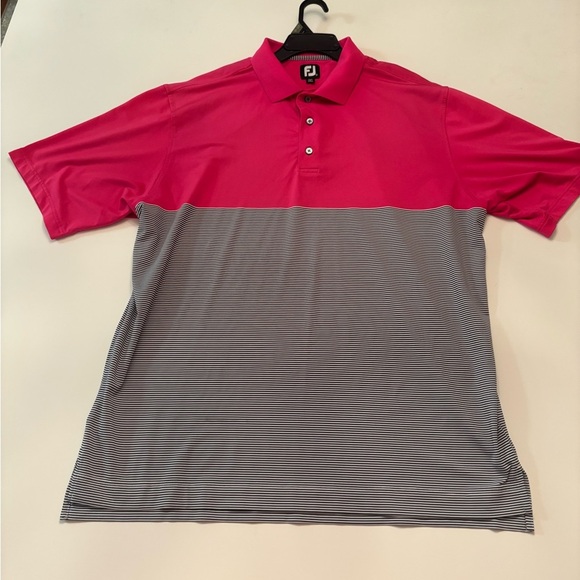 FootJoy Golf Polo Shirt Men’s XL Pink & Navy Striped Performance Stretch - Picture 1 of 6